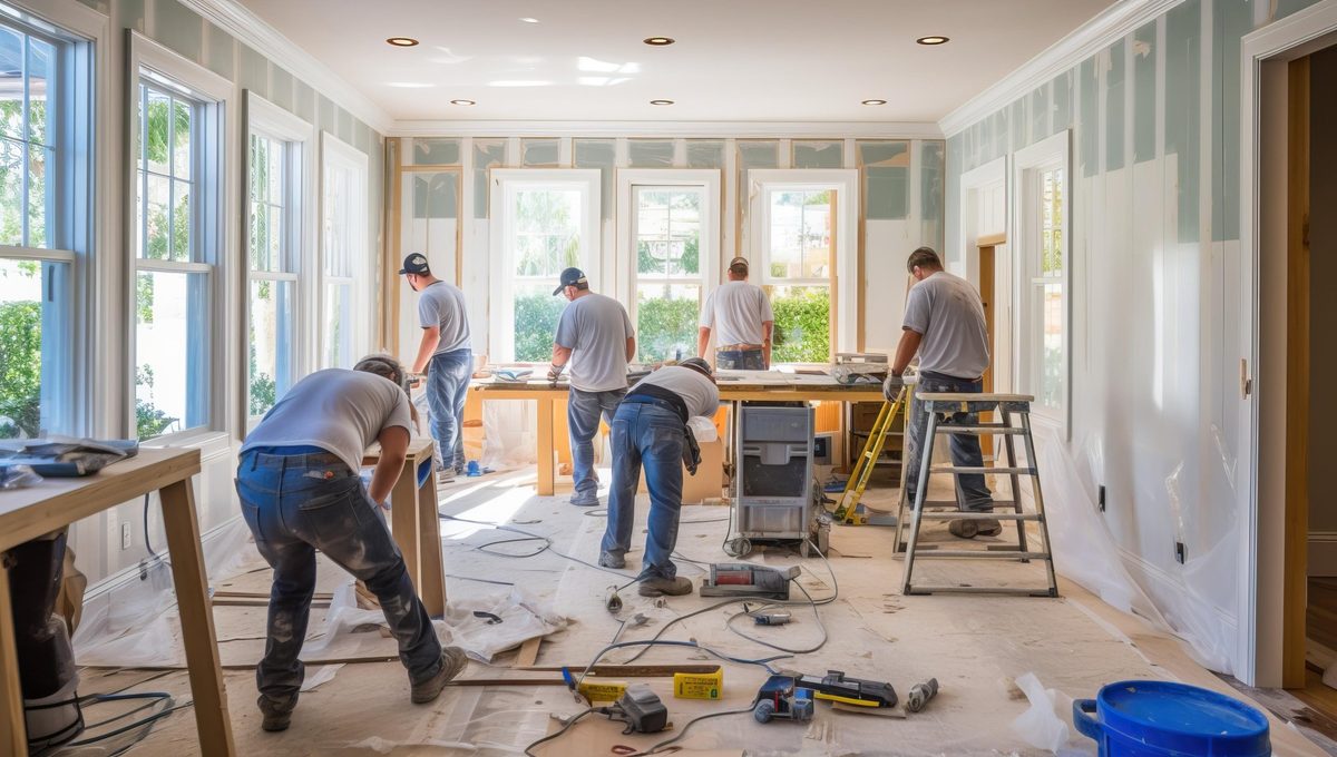 A crew of workers renovating a bright room with tall windows, work tables and protective floor sheeting.